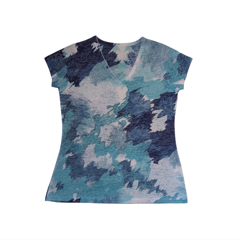 Essentials Milano V-Neck Stud Embellished Semi-Sheer Top MEDIUM Blue Green White